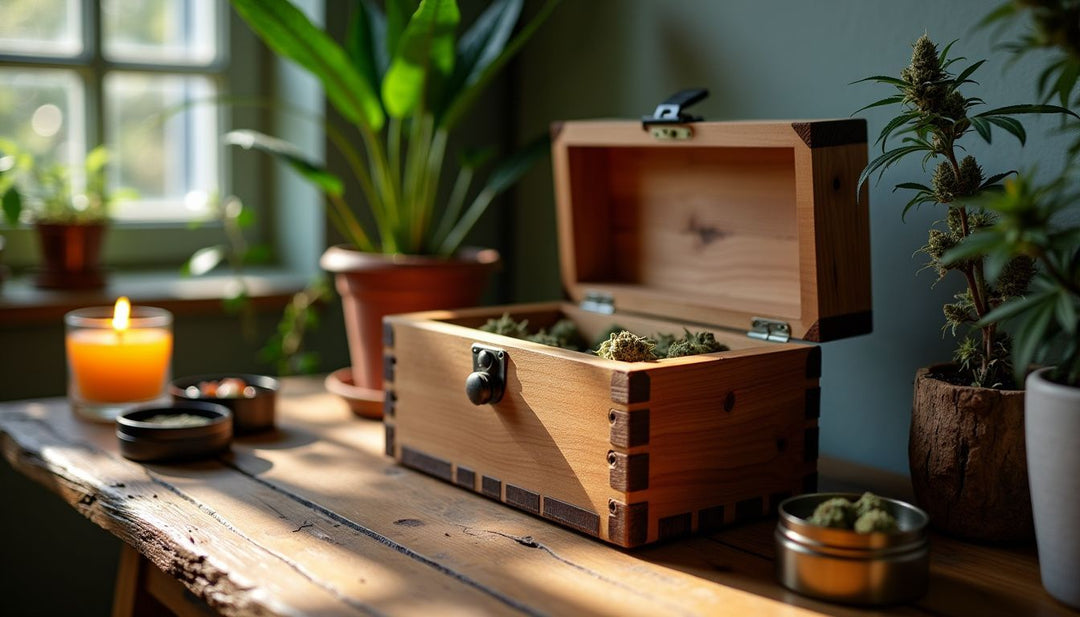 A wooden stash box, surrounded by plants, candle, and grinder.