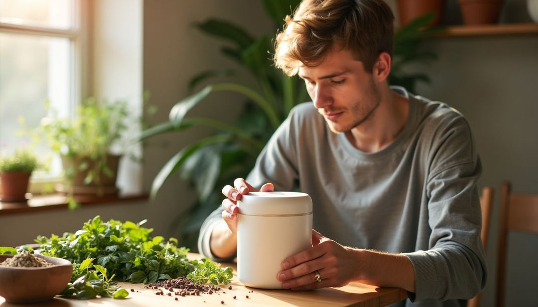 A young adult opens an odor-proof container in a cozy room.