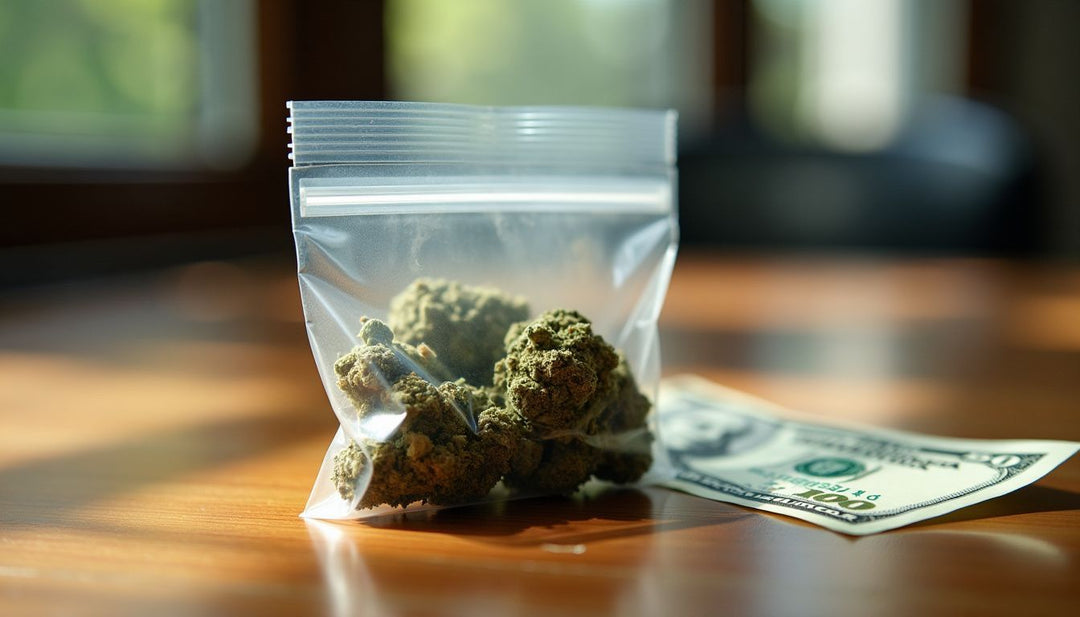 A small bag of marijuana and a $10 bill on a table.