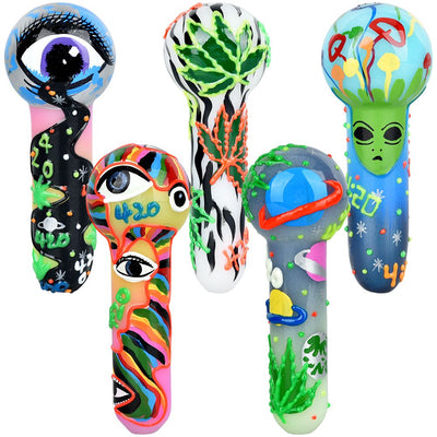 420 Painted Glow In The Dark Glass Hand Pipe - 5" / Assorted Designs 6CT