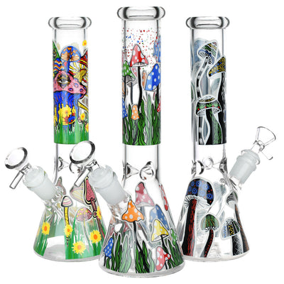 Shrooms Are Watching Glow Glass Beaker Water Pipe - 10" / 14mm F / Designs Vary - Headshop.com