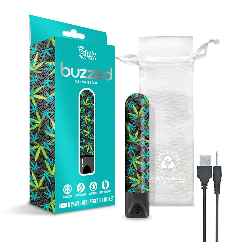 Prints Charming Buzzed Rechargeable 3.5" Bullet - Canna Queen - Black - Headshop.com