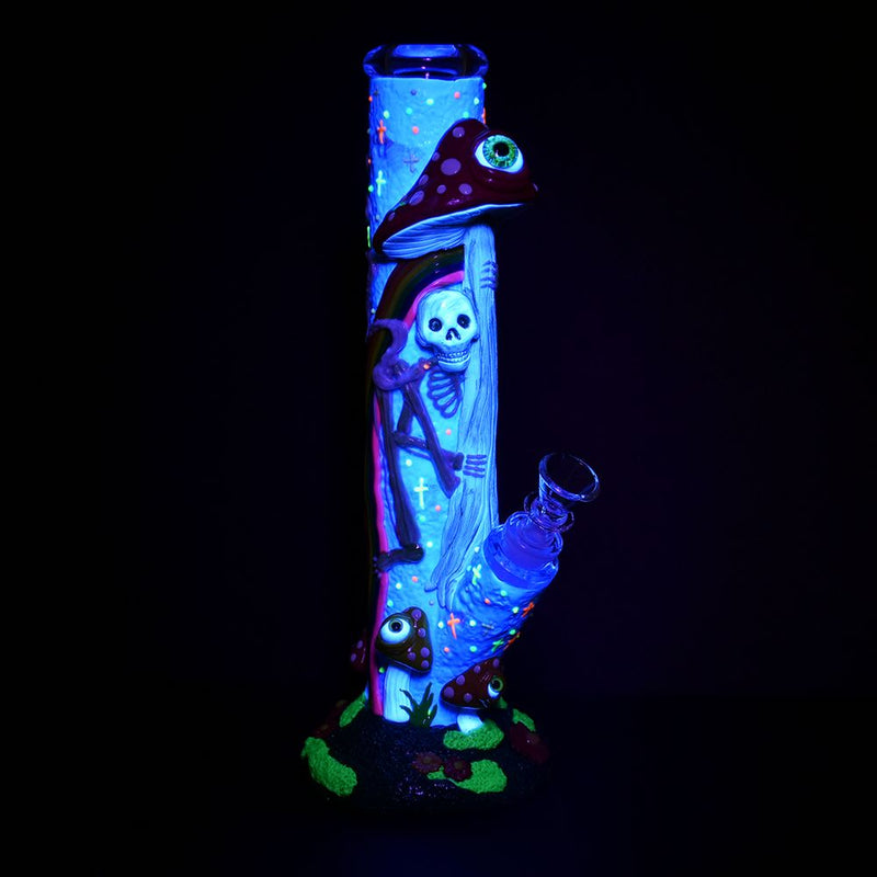 Sneaky Skeleton and Watchful Fungi Glow In Dark Tube Water Pipe - 11.5" / 14mm F - Headshop.com