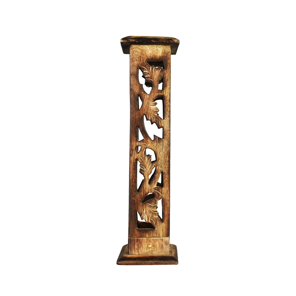 12" Carved Wood Square Tower Incense Burner w/Slide-Out Ashcatcher - Headshop.com