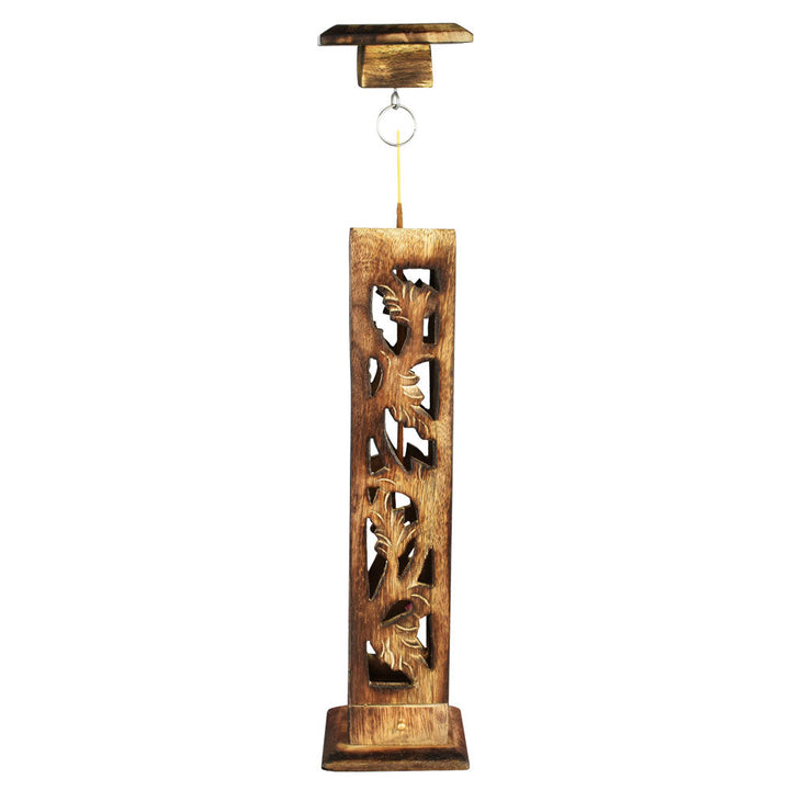 12" Carved Wood Square Tower Incense Burner w/Slide-Out Ashcatcher - Headshop.com