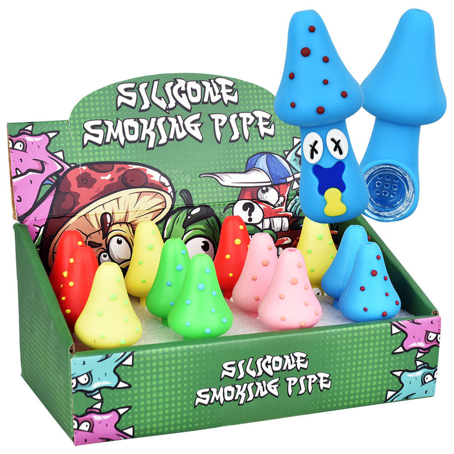 12PC DISPLAY - Spacey Facey Mushroom Silicone Hand Pipe - 3" / Assorted Colors - Headshop.com