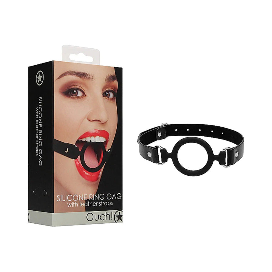 Ouch! Adjustable Silicone Ring Gag With Leather Straps Black - Headshop.com