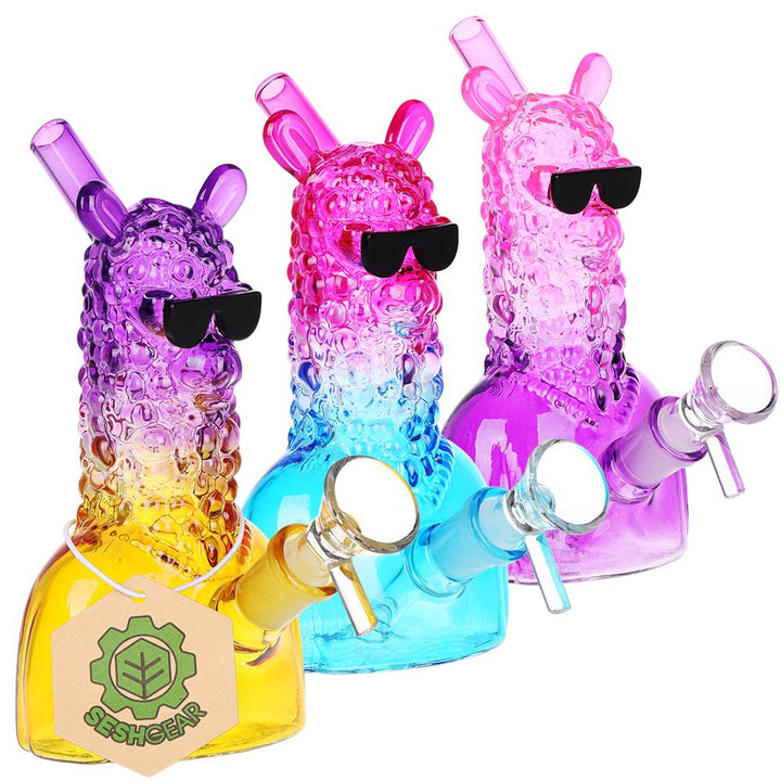 3CT BUNDLE - SeshGear Laid Back Llama Water Pipe - 6" / 14mm F / Assorted Ombre Colors