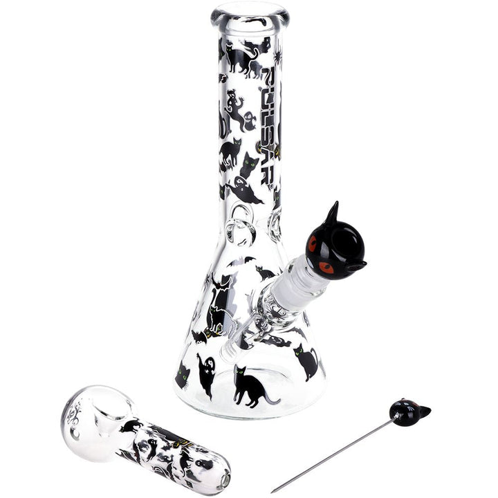 Pulsar Superstitious Kitty GLOW Glass Herb Pipe Duo - 9.75" / 14mm F