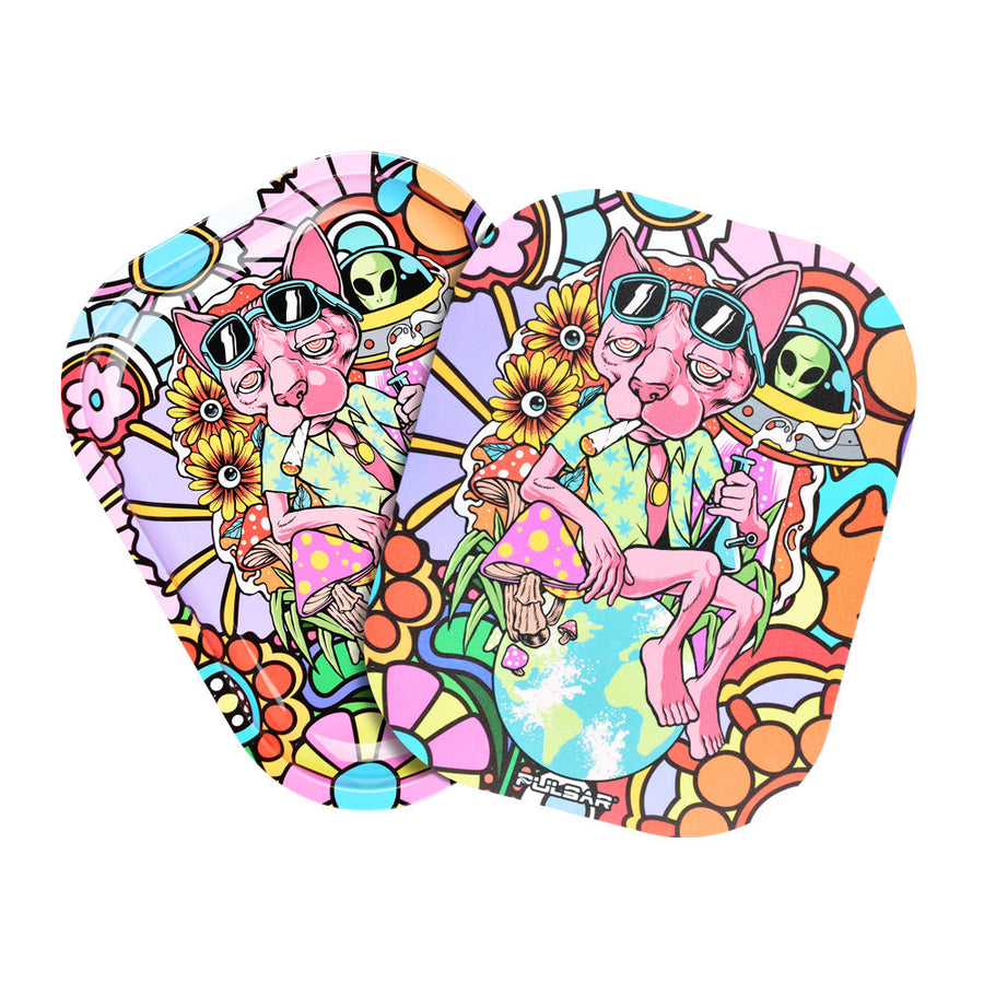 Pulsar Mini Metal Rolling Tray w/ Lid - Chill Cat / 7"x5.5" - Headshop.com