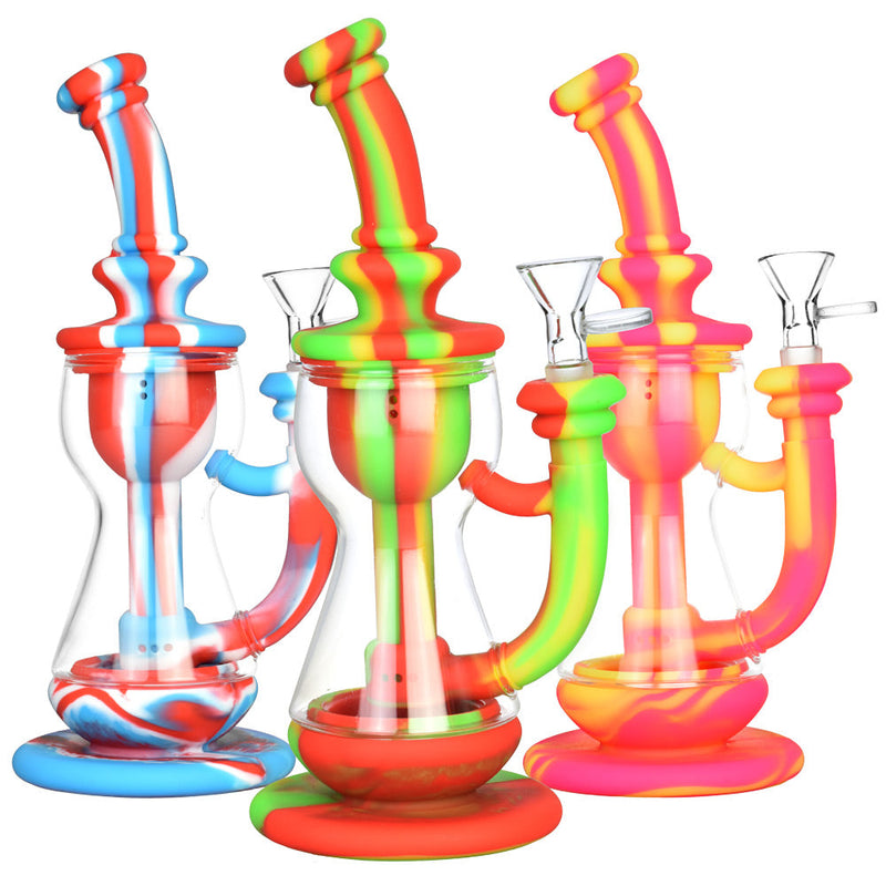 Silicone/Glass Recycler Water Pipe - 9.5"/14mm F/Colors Vary - Headshop.com