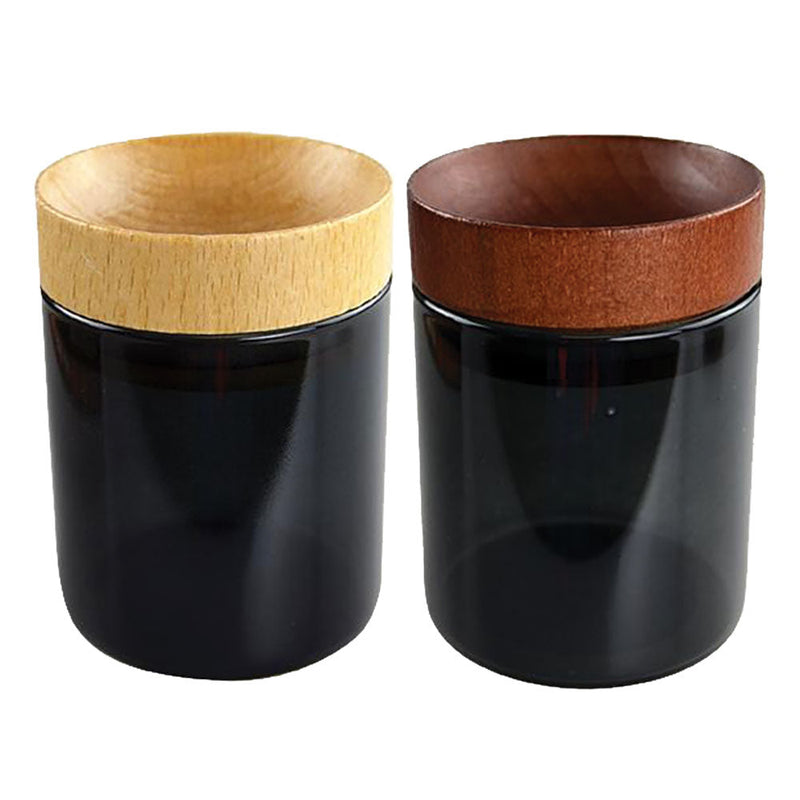 6PC DISP- Smokezilla Concave Wood Lid Black Glass Jar - 3.5"/Asst - Headshop.com
