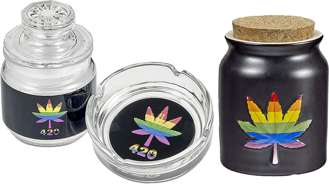 Ashtray and Stash Jar set - Rainbow leaf - Headshop.com