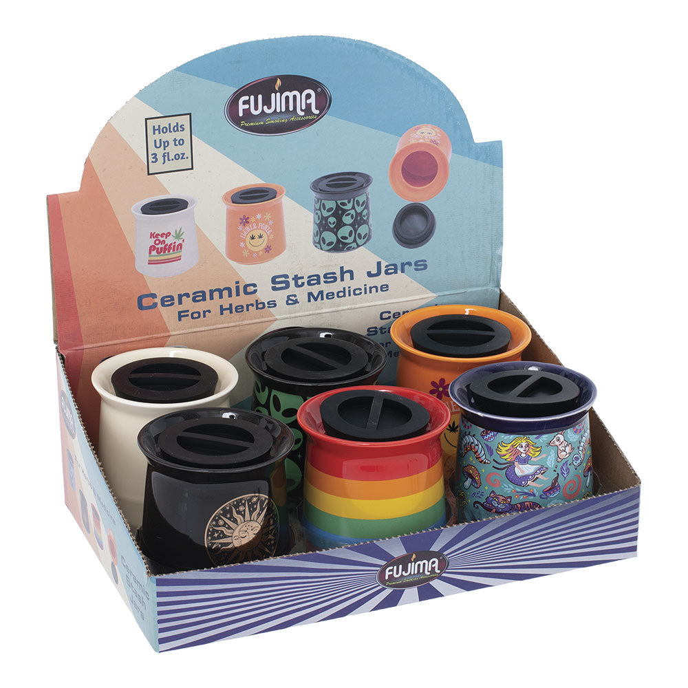 6PC DISPLAY - Fujima Wide Mouth Ceramic Stash Jar - 3fl oz / Assorted Designs - Headshop.com