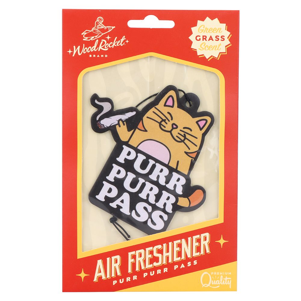 Wood Rocket Car Air Freshener - Purr Purr Pass / Grass Scent / 3.5"x3.5" - Headshop.com