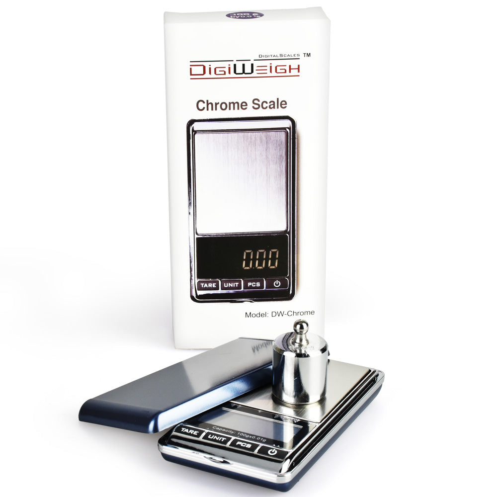 DigiWeigh Chrome Digital Pocket Scale w/ Weight | 100g x 0.01g - Headshop.com