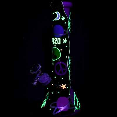 420 Beam Me Up Beaker Glow In The Dark Glass Water Pipe - 9.5" / 14mm F - Headshop.com