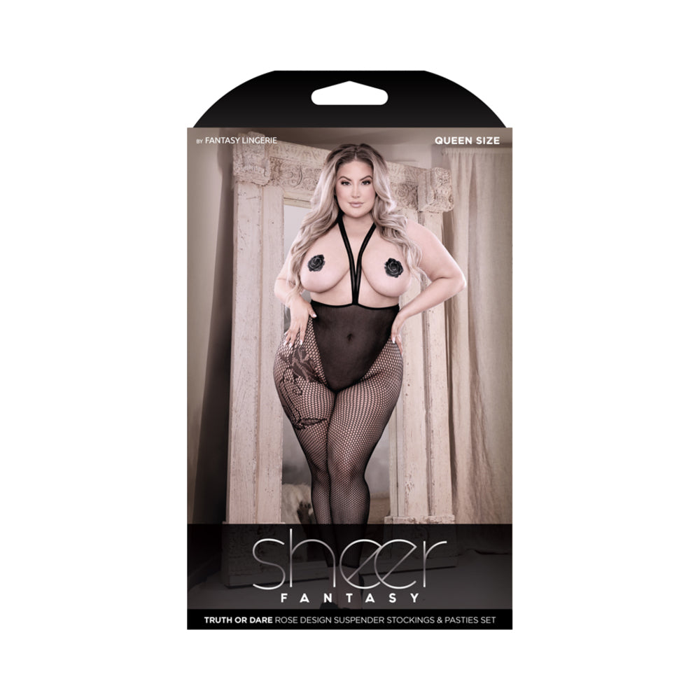 Fantasy Lingerie Sheer Truth Or Dare Suspender Stockings & Pasties Set Black Queen - Headshop.com
