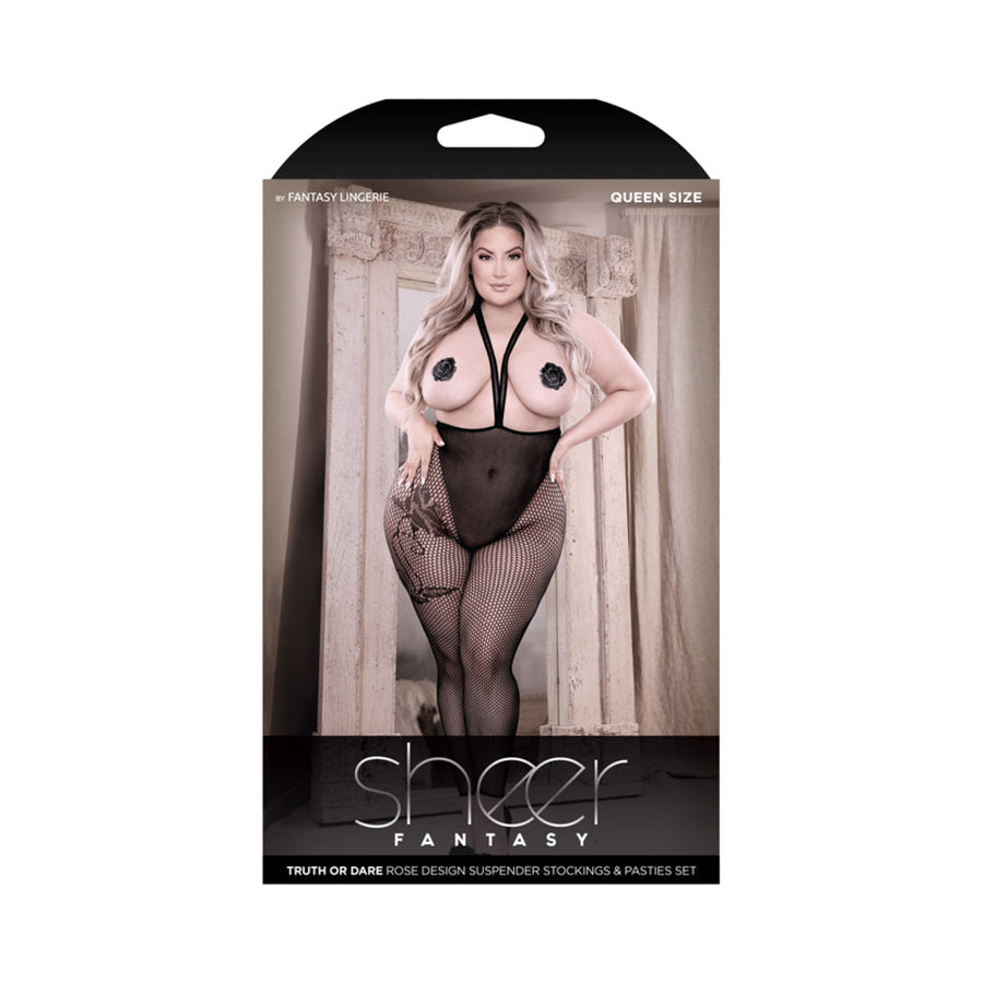 Fantasy Lingerie Sheer Truth Or Dare Suspender Stockings & Pasties Set Black Queen - Headshop.com