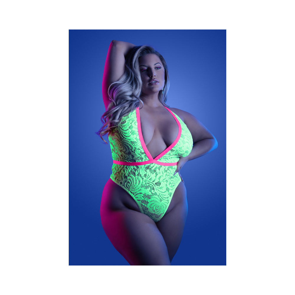 Fantasy Lingerie Glow Spotlight Contrast Elastic Lace Teddy with Snap Closure Neon Green Queen Size - Headshop.com