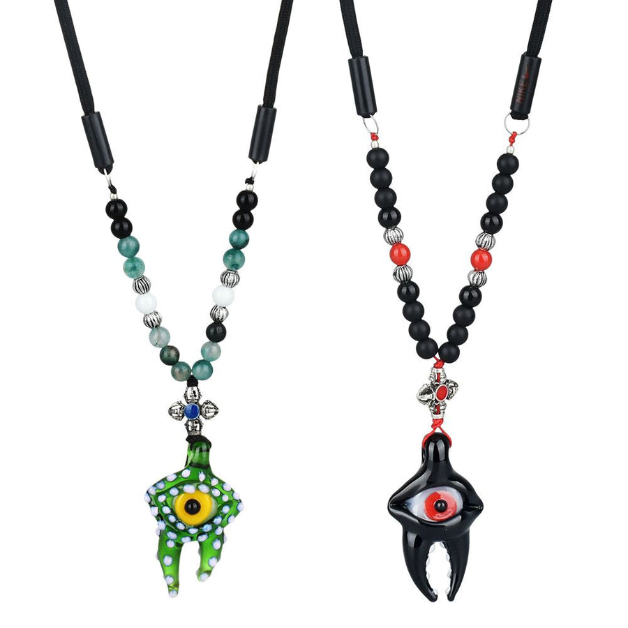 Eye Tooth Glass Pendant with Beaded String Necklace - 14" - Headshop.com