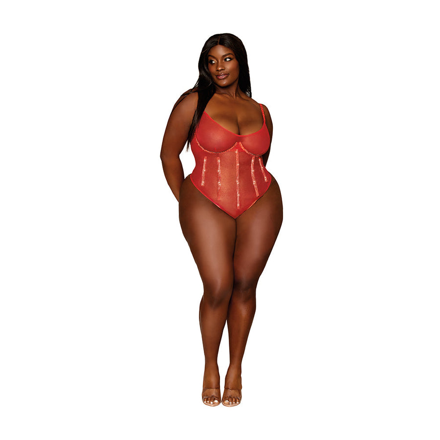 Dreamgirl Gold-foiled Stretch Mesh Teddy with Rhinestone Detailing and Heat-Sealed Edges Ruby 2XL - Headshop.com