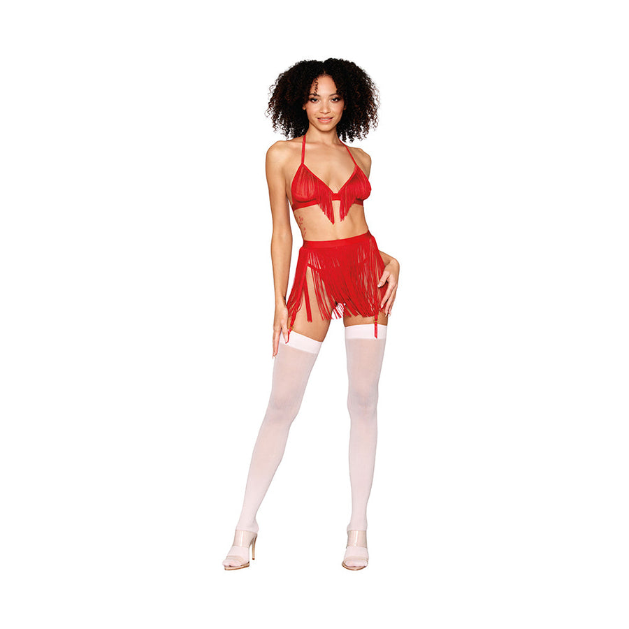 Dreamgirl Chainette Fringe Bralette, Garter Belt, and G-String Set Ruby O/S - Headshop.com