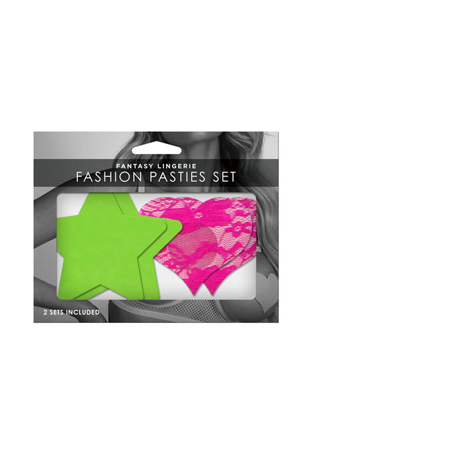 Fantasy Lingerie Neon Pasties 2-Pack Solid Neon Green Star & Neon Pink Lace Heart - Headshop.com