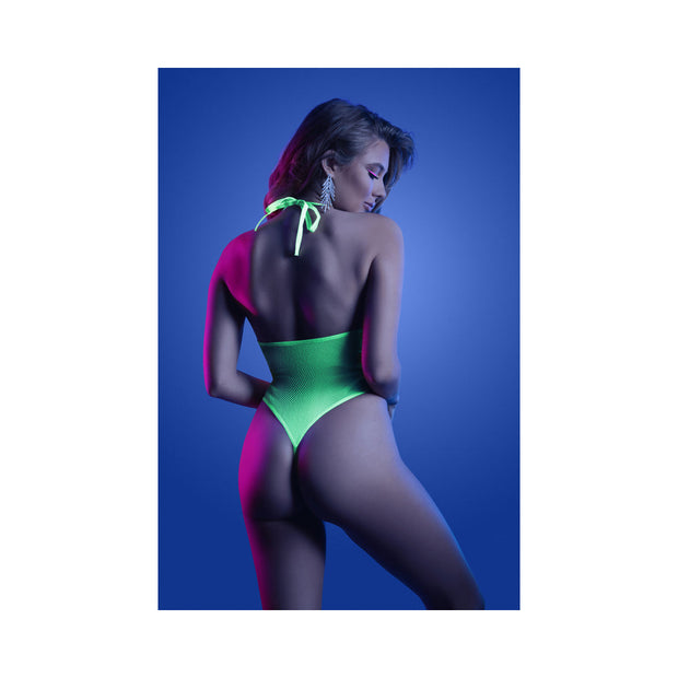 Fantasy Lingerie Glow Nocturnal Keyhole Halter Tie Teddy with Snap Closure Neon Lemon S/M