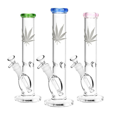 Silver Hemp Leaf Glass Straight Tube Water Pipe | 14mm F | Colors Vary