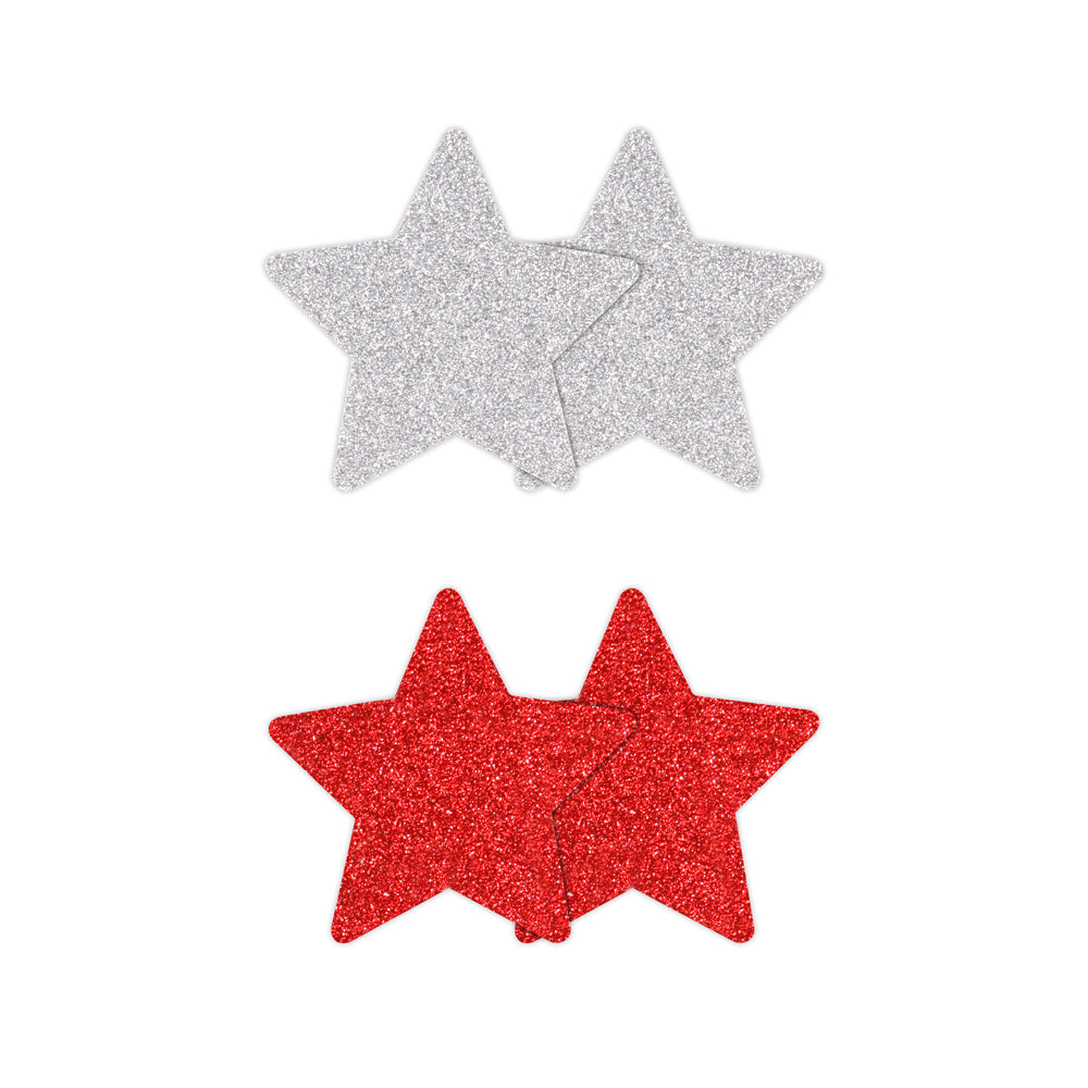 Pretty Pasties Glitter Stars Red/Silver 2 Pair - Headshop.com