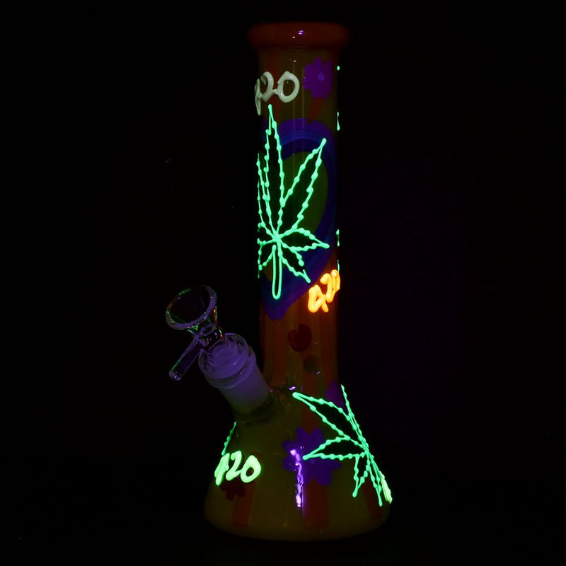 420 Hemp Leaf Glow In The Dark Beaker Glass Water Pipe - 9.25" / 14mm F - Headshop.com