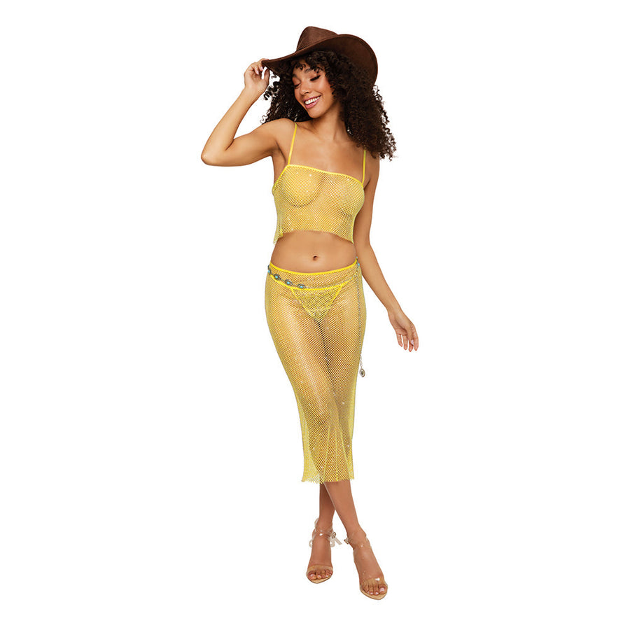 Dreamgirl Iridescent Rhinestone Embellished Fishnet Camisole and G-string Set Citrus L - Headshop.com