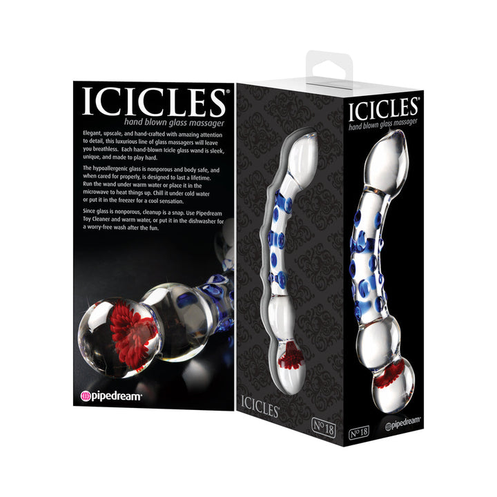 Icicles No. 18 Curved Textured 7.5 in. Glass Dildo Blue/Red/Clear - Headshop.com