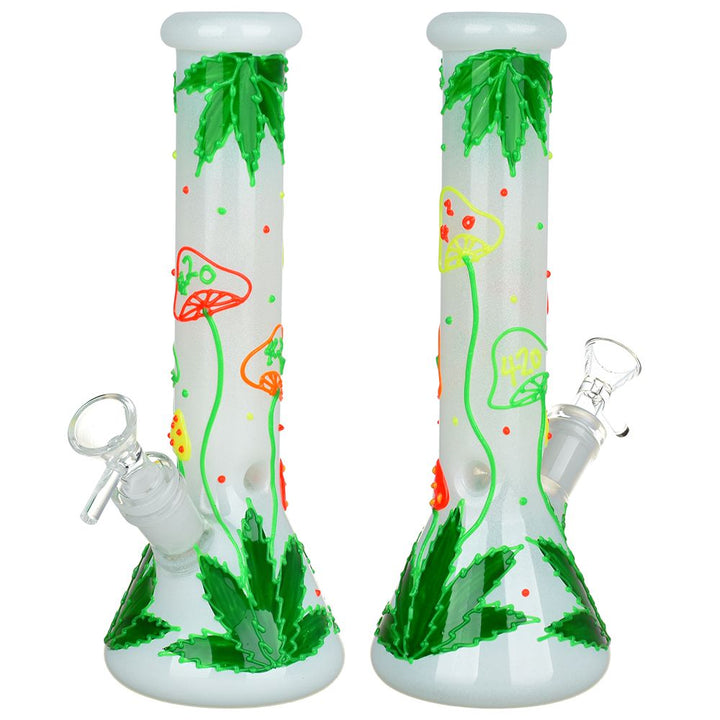 420 Hemp Leaf and Shrooms Glow In The Dark Glass Water Pipe - 9.5" / 14mm F - Headshop.com