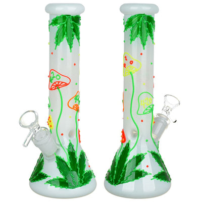 420 Hemp Leaf and Shrooms Glow In The Dark Glass Water Pipe - 9.5" / 14mm F