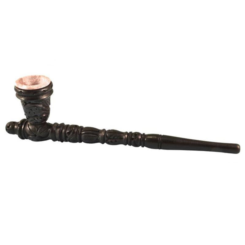 Carved Wood Hand Pipe w/ Stone Bowl | 11 Inch - Headshop.com