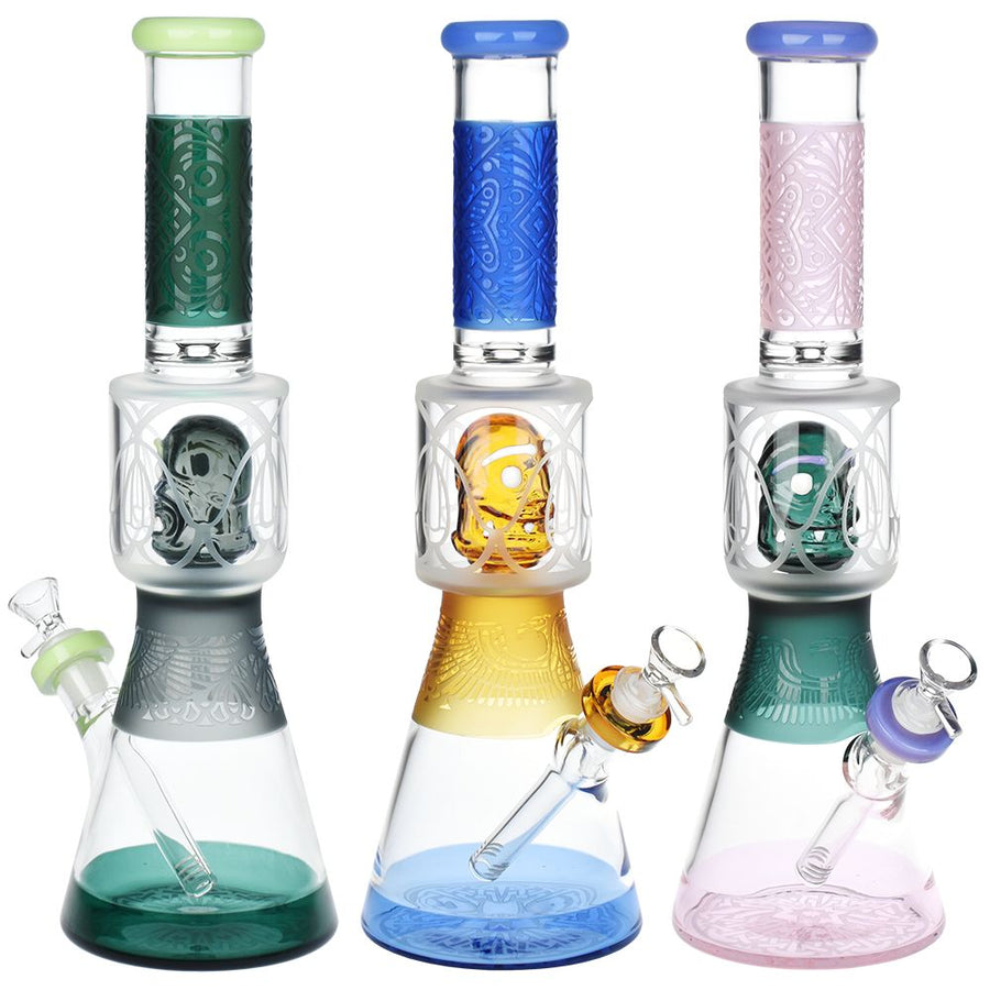 Nekhbet And Friend Etched Beaker Glass Water Pipe - 15" / 14mm F / Colors Vary - Headshop.com