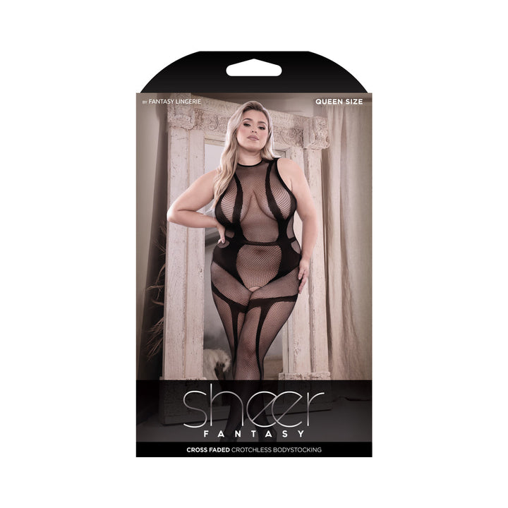 Fantasy Lingerie Sheer Cross Faded High Neck Crotchless Bodystocking Black Queen Size - Headshop.com