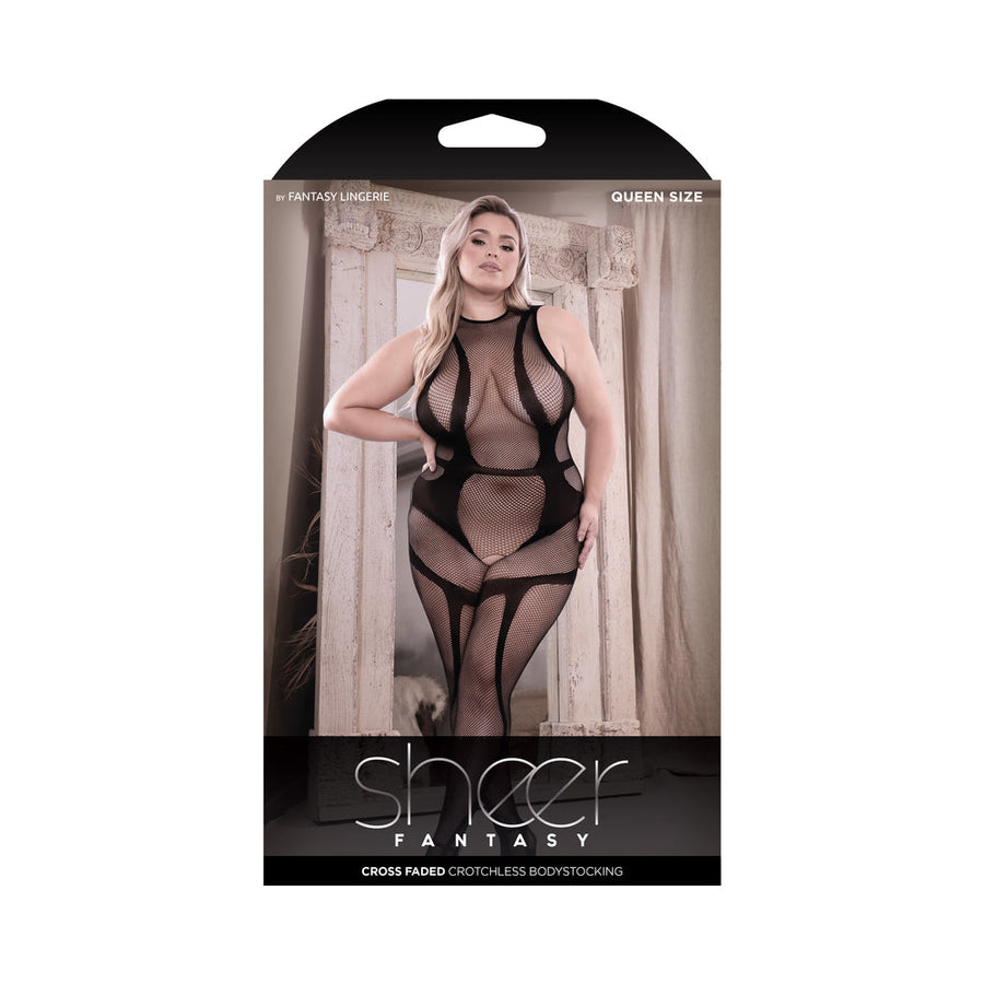 Fantasy Lingerie Sheer Cross Faded High Neck Crotchless Bodystocking Black Queen Size - Headshop.com