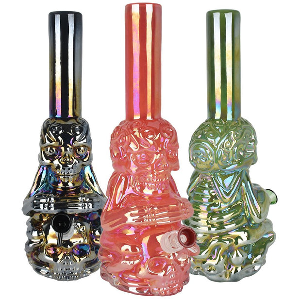 Iridescent Crouching Skeleton Soft Glass Water Pipe - 13.5" - Headshop.com