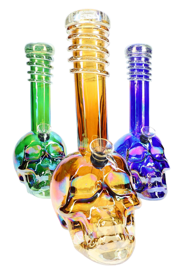 Metallic Skull Glass Bong “Neon Nightmare” – 10½″ – Glow Mouthpiece – Assorted Colors