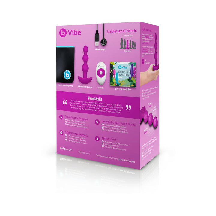b-Vibe Triplet Rechargeable Remote-Controlled Vibrating Anal Beads Plug Fuchsia - Headshop.com
