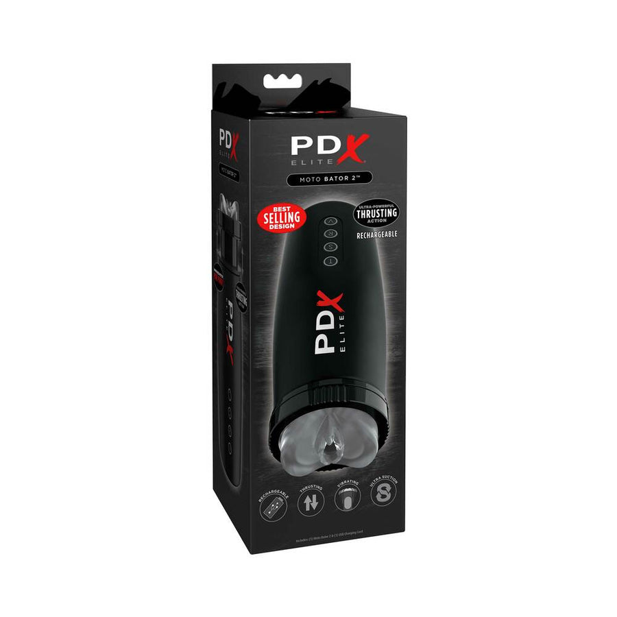 PDX Elite Motobator 2 Rechargeable Thrusting Vibrating Masturbator Clear/Black - Headshop.com