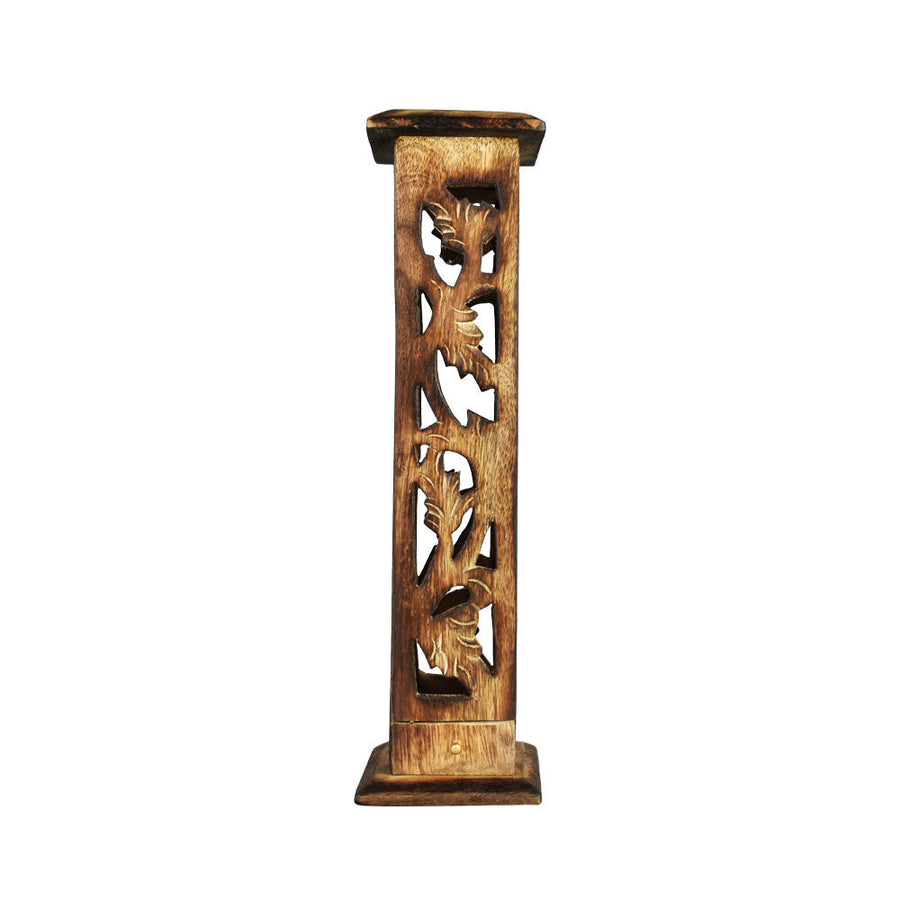12" Carved Wood Square Tower Incense Burner w/Slide-Out Ashcatcher - Headshop.com