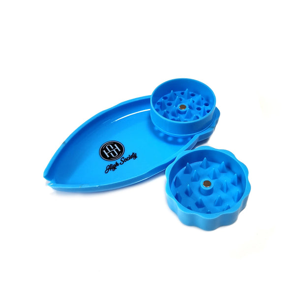 High Society | Mini Rolling Tray Grinder Combo - Neon Blue - Headshop.com