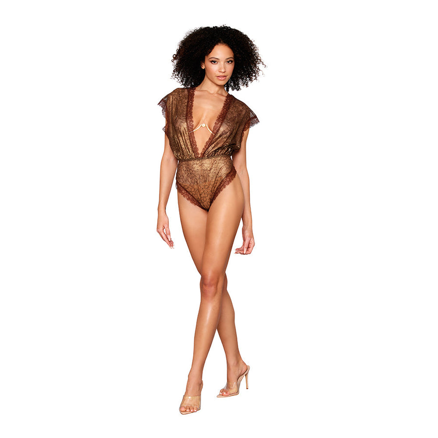 Dreamgirl Delicate Gold-Foil Lace Blouson Teddy & Rhinestone Metal Underwire Bra Set Gold XL - Headshop.com