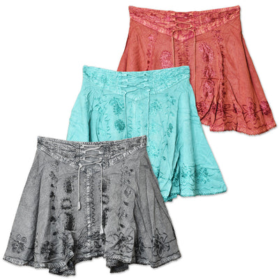 ThreadHeads Acid Wash Embroidered Lace Tie Front Skirt - One Size / Colors Vary - Headshop.com