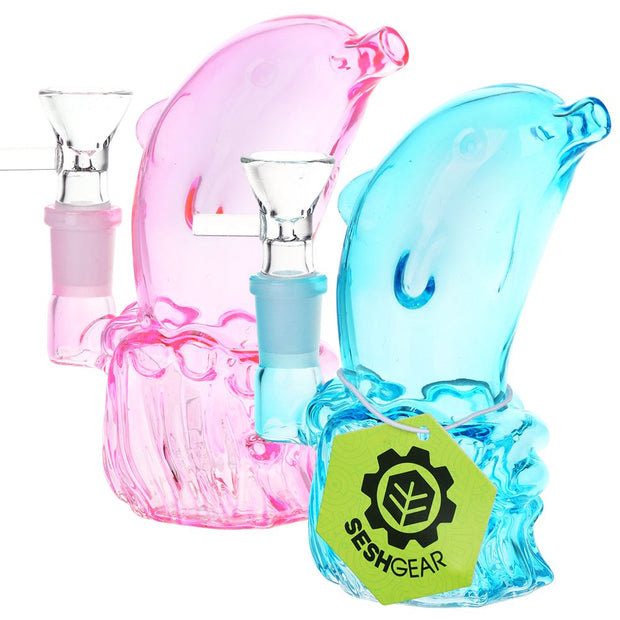 2CT BUNDLE - SeshGear Jumping Dolphin Glass Water Pipe - 5" / 14mm F / Pink, Blue