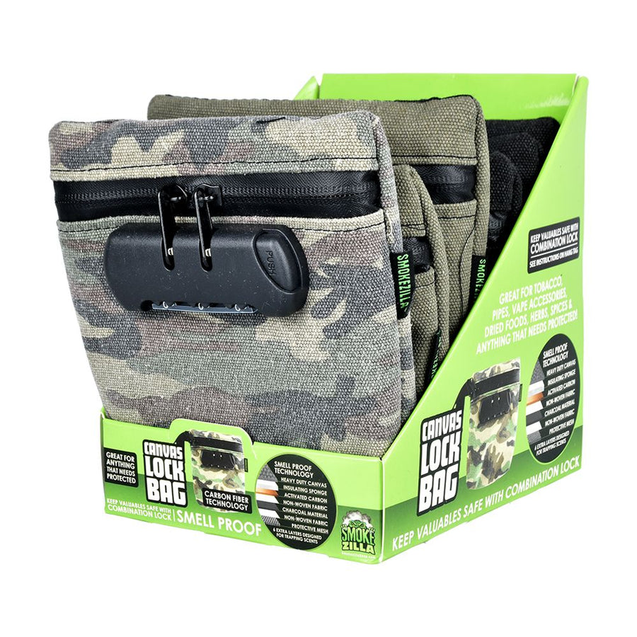 6CT DISPLAY - Smokezilla Smell Proof Locking Canvas Bag - 6"x6.25" / Assorted Colors - Headshop.com